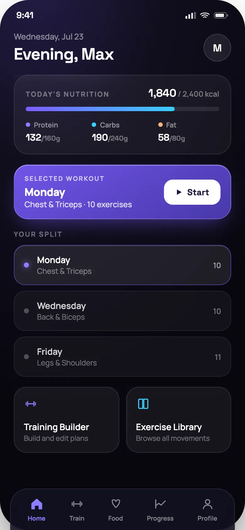 The app home screen: today's nutrition against target, the selected workout with a start button, and the week's training split.