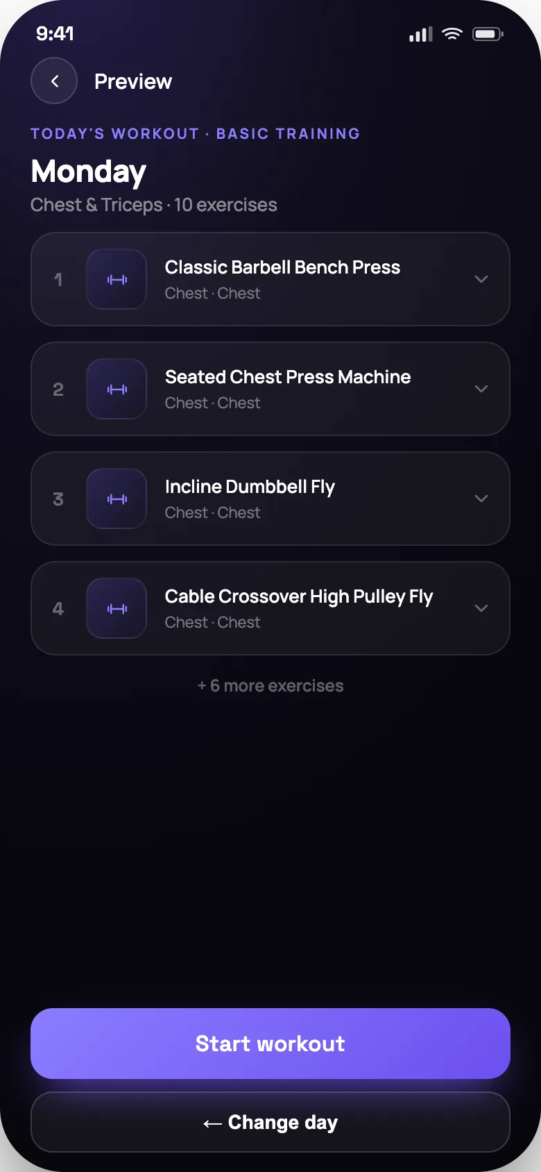 A workout preview listing the session's exercises in order, with a start button.