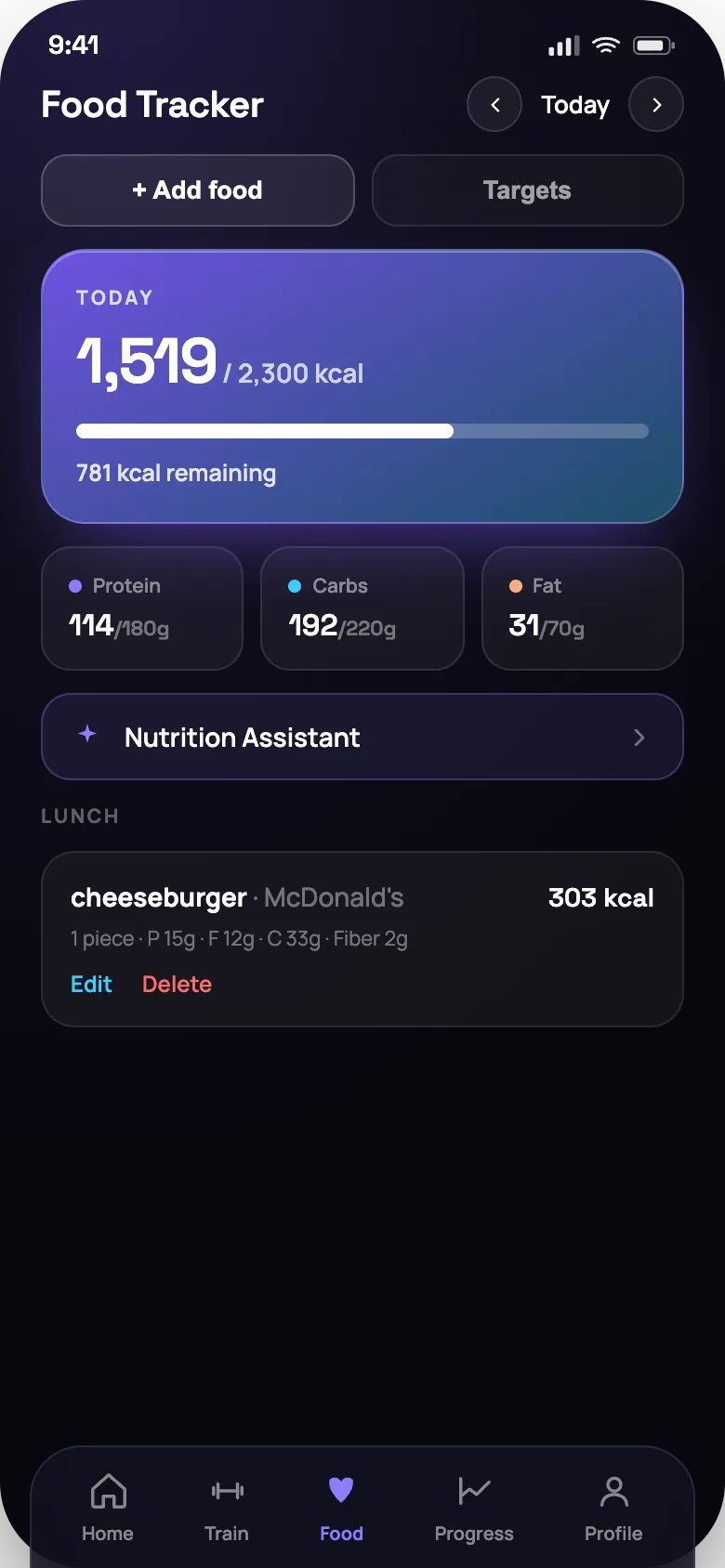 The food tracker: calories logged against the daily target, protein, carb and fat totals, and the day's entries.
