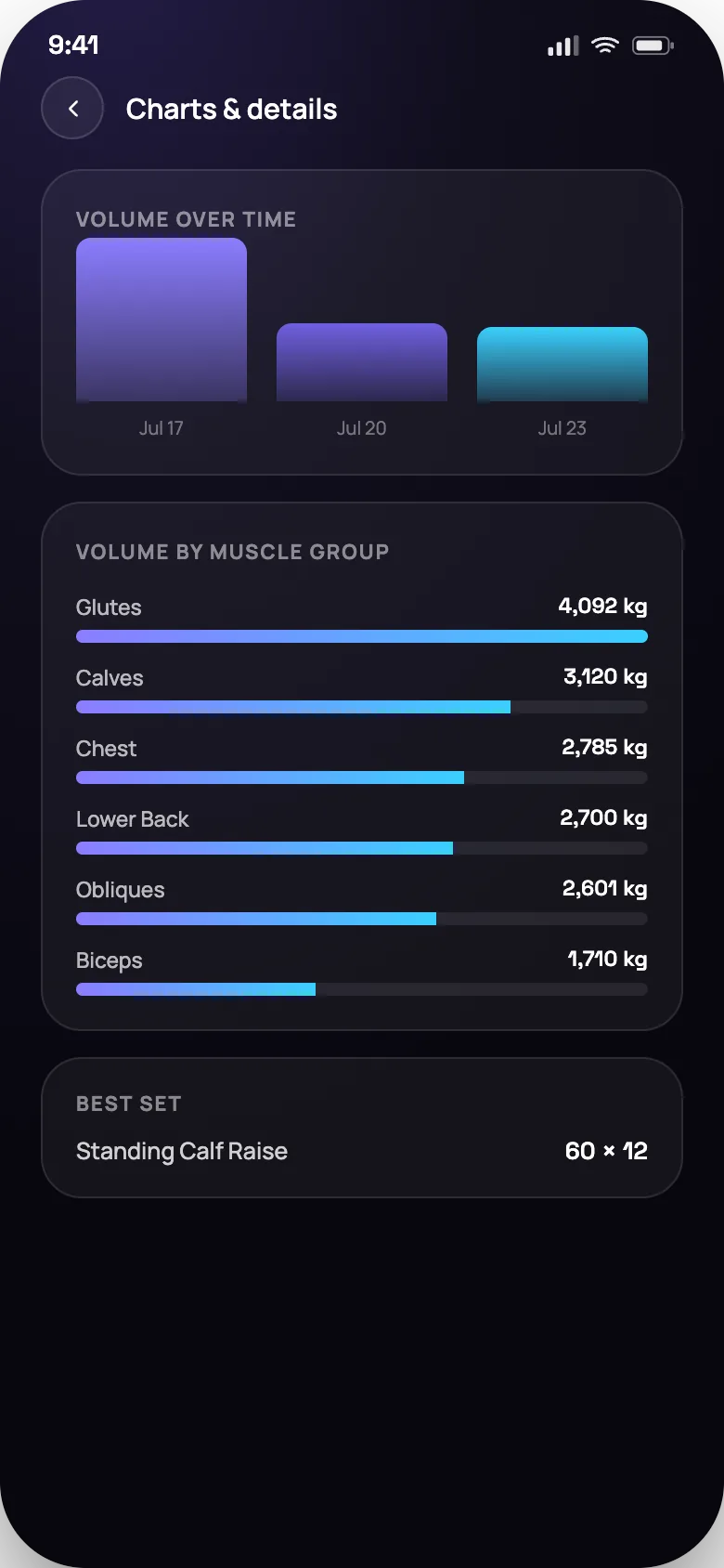 Progress charts: training volume over time, volume broken down by muscle group, and the best set recorded.