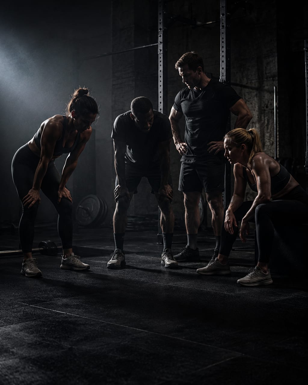 A small group finishing a conditioning session together in a dimly lit studio.